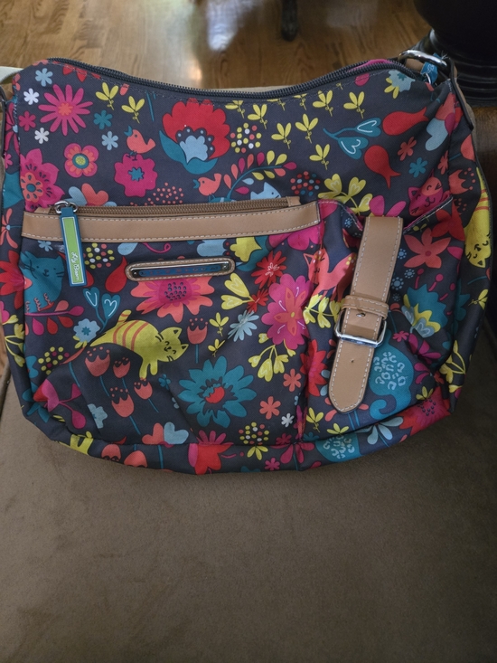 Lily Bloom Handbags - Lilly Bloom Dark Gray Floral Shoulder Bag with Tan Trim